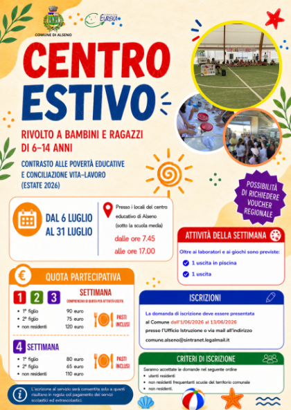 Centro estivo 2026: dall'1 giugno al via le iscrizioni ad Alseno