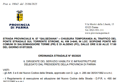 Chiusura Temporanea al traffico del Ponte sullo Stirone Chiusura Temporanea al traffico del Ponte sullo Stirone
