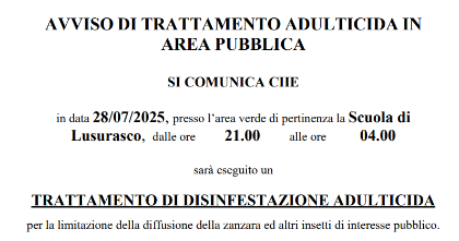 Avviso di trattamento adulticida - Area Verde Scuola di Lusurasco